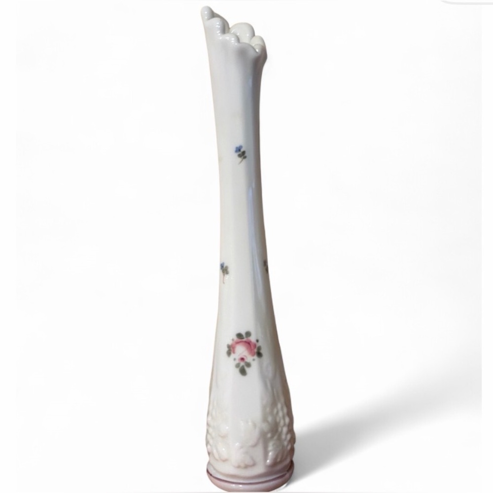 Westmoreland Vintage Hand Painted Floral Paneled Grape Milk Glass Swung Vase